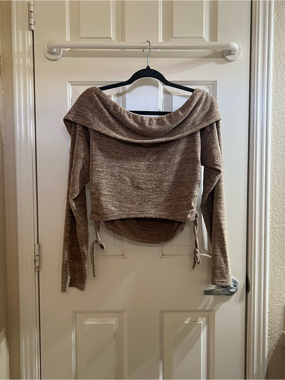 SHEIN Taupe Off-Shoulder Drawstring Hem Sweater
